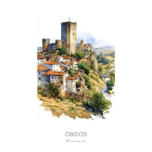Óbidos Portugal Watercolor Art Print - Cityscape Landscape Wall Art Home Decor Travel Gift