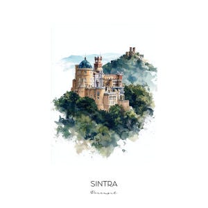 Sintra Portugal Watercolor Art Print - Cityscape Landscape Wall Art - Home Decor Travel Gift Pena Palace Castle