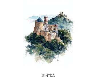 Sintra Portugalia Akwarela Sztuka Wydruk - Krajobraz Miejski Sztuka Ścienna - Wystrój Domu Podróż Prezent Pena Palace Zamek