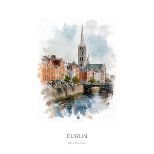 Dublin Ireland Watercolor Art Print - City Skyline Wall Art Home Decor - Travel Gift Trinity College Temple Bar Landmarks