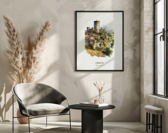 オビドス ポルトガル 水彩アート プリント - 都市景観 風景 ウォール