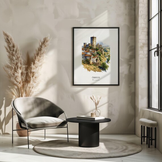 オビドス ポルトガル 水彩アート プリント - 都市景観 風景 ウォール