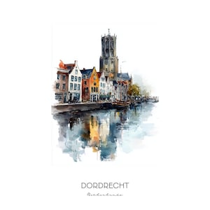 Dordrecht Netherlands Watercolor Art Print - Cityscape Wall Art Home Decor Travel Gift Historic Dutch Canal City