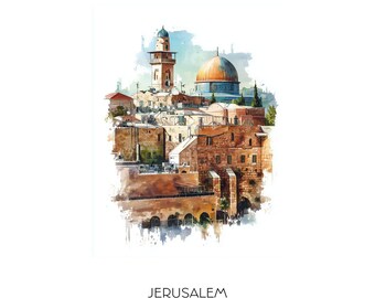 Impression d'art aquarelle Jérusalem Israël - art mural paysage urbain - horizon de la vieille ville, cadeau de voyage pour décoration d'intérieur