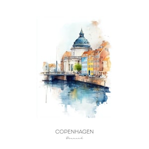 Copenhagen Denmark Watercolor Art Print - Cityscape Wall Art - Travel Gift Home Decor Famous Landmarks