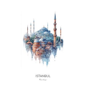 Istanbul Turkey Watercolor Art Print - Iconic Cityscape Wall Art - Travel Gift Home Decor Bosphorus Bridge Hagia Sophia