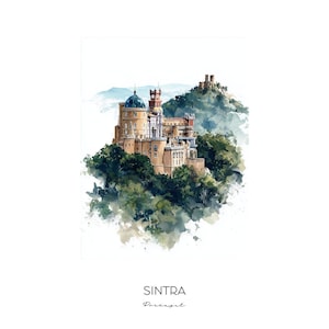 Sintra Portugal Watercolor Art Print - Cityscape Landscape Wall Art - Home Decor Travel Gift Pena Palace Castle