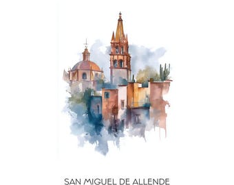 Impresión artística de acuarela de San Miguel de Allende, México - Paisaje urbano, arte mural, decoración del hogar, regalo de viaje