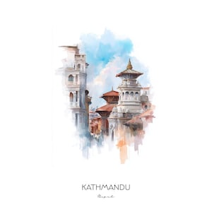 Kathmandu Nepal Watercolor Art Print - Cityscape Landscape Wall Art Home Decor Travel Gift