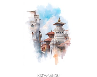 Kathmandu Nepal Aquarell Kunstdruck - Stadtansicht Landschaft Wand Kunst Home Dekor Reise Geschenk
