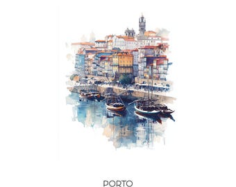 Porto Portugal aquarel kunstafdruk - stadsgezicht muurkunst - reiscadeau woondecoratie rivier de Douro en historisch centrum