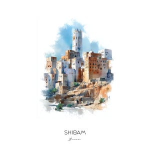 May include: A watercolor painting of the ancient city of Shibam in Yemen. The city is known for its tall, narrow buildings made of mud brick. The painting shows the city in a sunny, desert landscape.