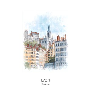 May include: A watercolour painting depicting the city of Lyon, France. The painting showcases a tall church spire with a clock tower, surrounded by buildings with red tiled roofs. The buildings are painted in shades of yellow, orange, and brown.