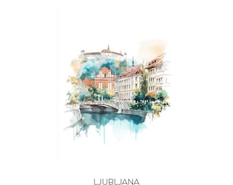 Ljubljana Slovenia Watercolor Art Print - Cityscape Wall Art - Travel Gift Home Decor with Dragon Bridge and Castle