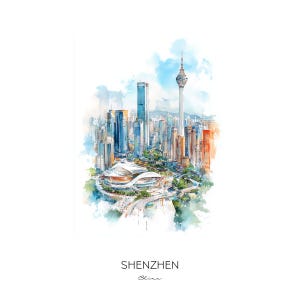 Shenzhen China Watercolor Art Print - Cityscape Landscape Wall Art Home Decor Gift