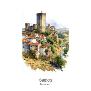 Óbidos Portugal Watercolor Art Print - Cityscape Landscape Wall Art Home Decor Travel Gift