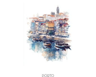 Porto Portugal aquarel kunstafdruk - stadsgezicht muurkunst - reiscadeau woondecoratie rivier de Douro en historisch centrum