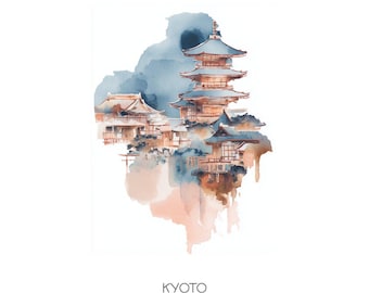 Lámina artística en acuarela de Kioto, Japón - Paisaje urbano panorámico para decoración del hogar, regalo de viaje, horizonte del templo Kinkakuji