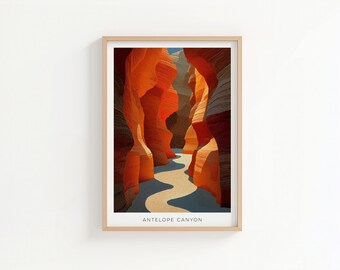 May include: Framed art print featuring a stylized depiction of Antelope Canyon. The artwork showcases the canyon's sandstone walls in shades of orange and red, with a winding path of light blue and beige. The text "ANTELOPE CANYON" is at the bottom.