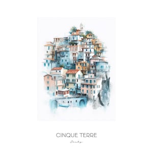 Cinque Terre Italy Watercolor Art Print - Landscape Wall Art Home Decor - Travel Gift Coastal Cityscape