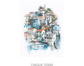 Cinque Terre Italien Aquarell Art Print - Landschaft Wand Kunst Wohnkultur - Reisegeschenk Küstenstadtbild
