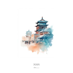 Xian China Watercolor Art Print - Cityscape Landscape Wall Art Home Decor Travel Gift Terracotta Warriors