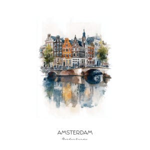 Amsterdam Netherlands Watercolor Art Print - Cityscape Wall Art - Travel Decor Canal Houses Home Gift