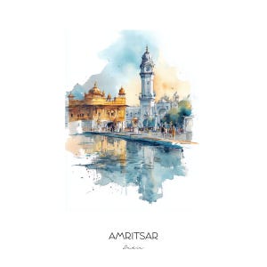 Amritsar India Watercolor Art Print - Skyline Cityscape Wall Art Home Decor - Golden Temple Travel Gift