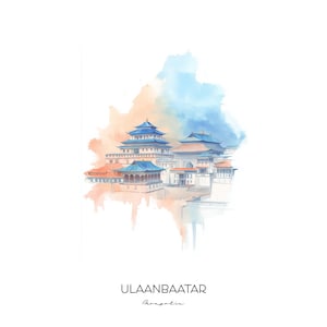 Ulaanbaatar Mongolia Watercolor Art Print - Cityscape Landscape Wall Art Decor Travel Gift