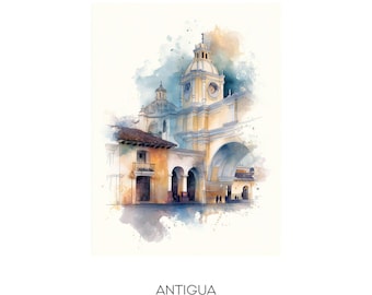 Antigua Guatemala Watercolor Art Print - Cityscape Landscape Wall Art Home Decor - Travel Gift La Merced Church Arch