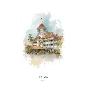 Suva Fiji Watercolor Art Print - Fiji Skyline Wall Art Cityscape Home Decor Travel Gift
