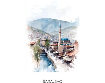 Sarajevo Bosnia and Herzegovina Watercolor Art Print - Cityscape Wall Art Landscape Home Decor Travel Gift Old Town