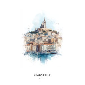 Marseille France Watercolor Art Print - Coastal Cityscape Wall Art - Travel Gift Home Decor Basilica of Notre-Dame de la Garde