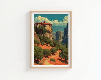 Plakat podróżniczy Meteora Grecja w stylu vintage (bez tekstu) - grecki klasztor, wydruk artystyczny - śródziemnomorski krajobraz, dekoracja ścienna - prezent do domu w stylu retro