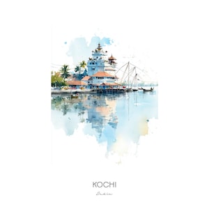 Kochi India Watercolor Art Print - Vibrant Cityscape Wall Art - Scenic Travel Gift Home Decor Backwaters