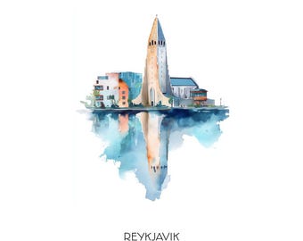 Reykjavik Iceland Watercolor Art Print - Landscape Cityscape Wall Art Home Decor Gift Hallgrimskirkja Cathedral