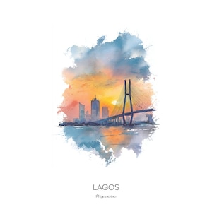 Lagos Nigeria Watercolor Art Print - Cityscape Landscape Wall Art - Home Decor Travel Gift Marina Bay Skyscrapers
