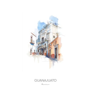 Guanajuato Mexico Watercolor Art Print - Colorful Cityscape Wall Art - Travel Gift Home Decor Iconic Architecture