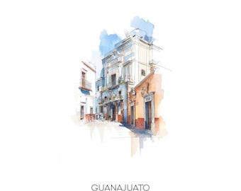 Guanajuato Mexico Watercolor Art Print - Colorful Cityscape Wall Art - Travel Gift Home Decor Iconic Architecture