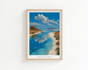 May include: A framed art print depicting a landscape scene of a body of water reflecting a bright blue sky with fluffy white clouds. The artwork shows a shoreline with brown and green vegetation and a mountain range. The text "SALAR DE UYUNI" is at the bottom.