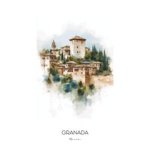 Granada Spain Watercolor Art Print - Cityscape Wall Art Travel Gift Home Decor Alhambra Palace