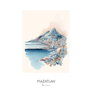 Pode incluir: Impressão em aquarela de Mazatlán, México, apresentando uma cena da cidade costeira com um fundo de montanha. A obra de arte mostra um oceano azul, edifícios e detalhes florais, com o nome da cidade e o país abaixo.
