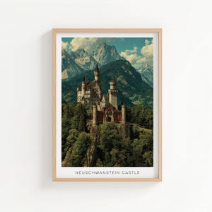 Neuschwanstein Castle Vintage Travel Poster - Bavaria Germany Wall Art - Alpine Castle Print - Retro Home Decor