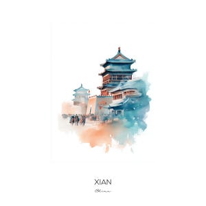 Xian China Watercolor Art Print - Cityscape Landscape Wall Art Home Decor Travel Gift Terracotta Warriors