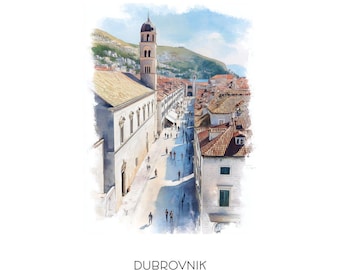 Dubrovnik Croatia Watercolor Art Print - Cityscape Wall Art Adriatic Sea Landscape Home Decor Travel Gift