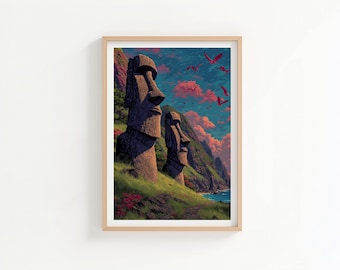 Easter Island Moai Statues - Vintage Chile Travel Poster (No Text) - Rapa Nui Wall Art - South Pacific Print - Home Decor