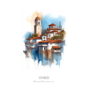 Ohrid North Macedonia Watercolor Art Print - Cityscape Landscape Wall Art - Travel Gift Home Decor Lake Ohrid Basilica
