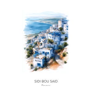 Sidi Bou Said Tunisia Watercolor Art Print - Cityscape Landscape Wall Art Home Decor Travel Gift