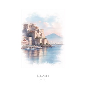 Napoli Italy Watercolor Art Print - Cityscape Wall Art Home Decor - Travel Gift Mt. Vesuvius Skyline
