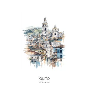 May include: Watercolour painting of the city of Quito, Ecuador. The painting features a cityscape with buildings, churches, and a mountain in the background.